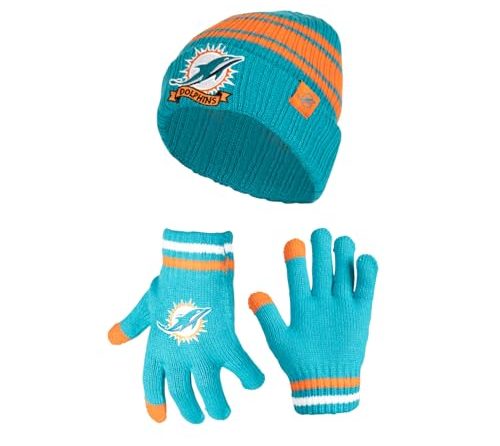 Ultra Game NFL Boys Girls Super Soft Team Stripe Winter Beanie Knit Hat with Extra Warm Touch Screen Gloves, Miami Dolphins
