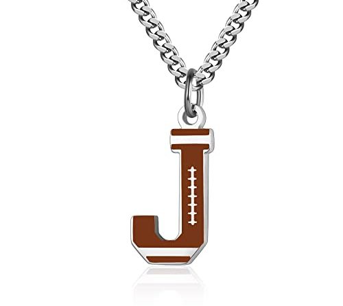 AIAINAGI Football Initial A-Z Letter Necklace for Boys Football Charm Pendant Stainless Steel Silver Chain 22inch Personalized Football Gift for Men Women Girls(J)
