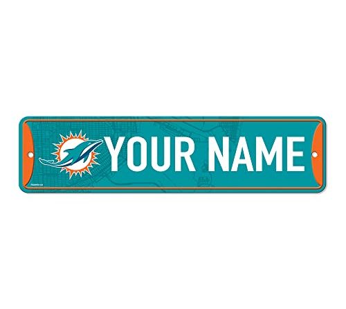 Rico Industries NFL Football Miami Dolphins Primary Personalized Metal Street Sign 4″ x 15″ Home Décor – Bedroom – Office – Man Cave