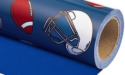 WRAPAHOLIC Reversible Wrapping Paper – Mini Roll – 17 Inch X 33 Feet – Rugby Design with Solid Blue Design for Birthday, Holiday, Baby Shower