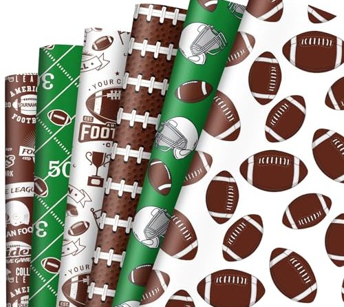 AnyDesign 12 Sheet Rugby Wrapping Paper Football Helmet Gift Wrap Paper Bulk White Green Brown Art Paper for DIY Crafts Sport Events Wedding Birthday Gift Packing, 19.7 x 27.6 Inch, Folded Flat
