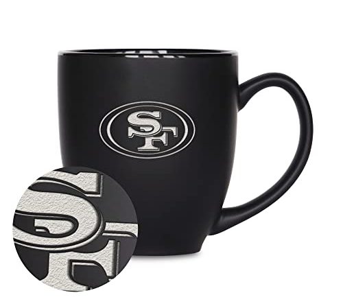 Rico Industries NFL Football San Francisco 49ers Main 15oz Laser Engraved Matte Black Ceramic Bistro Mug – For Hot or Cold Drinks