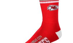 For Bare Feet NFL Youth 4 Stripe Deuce Crew Sock, Kansas City Chiefs, One Size